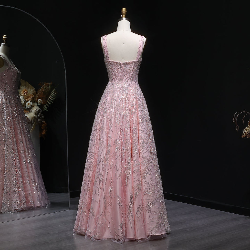 Elegant Pink Beaded Sleeveless Ball Gown Evening Dress SS702