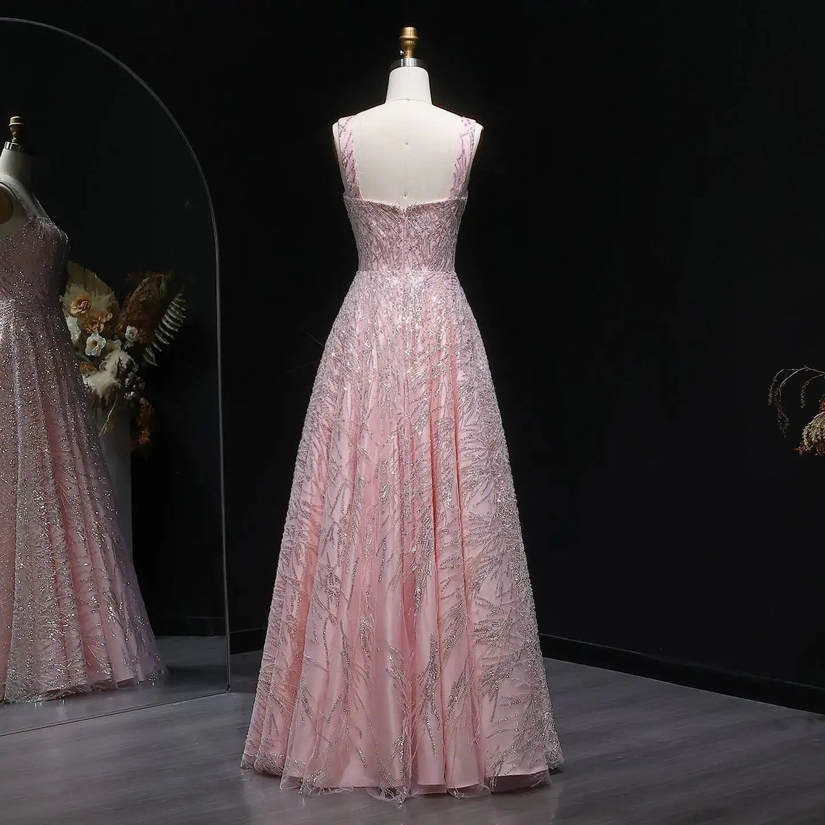 Luxury Pink Beaded Sleeveless Ball Gown Evening Dress SS702