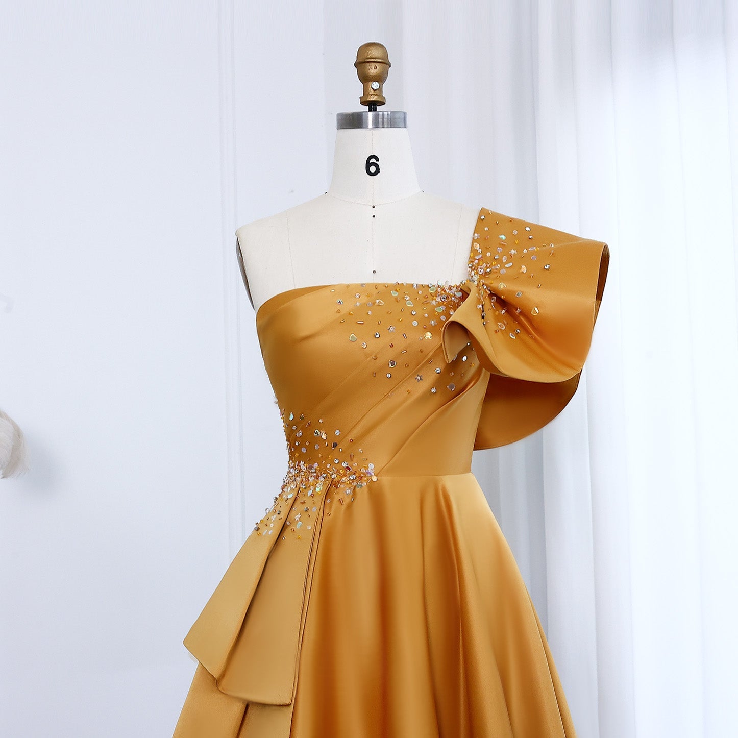 Elegant Crystal Lavender A-Line Pleats Satin Evening Dress SS592