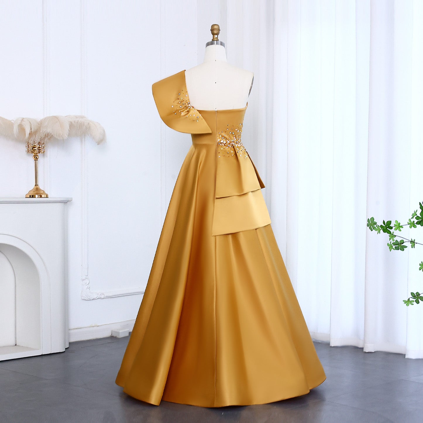 Elegant Crystal Lavender A-Line Pleats Satin Evening Dress SS592