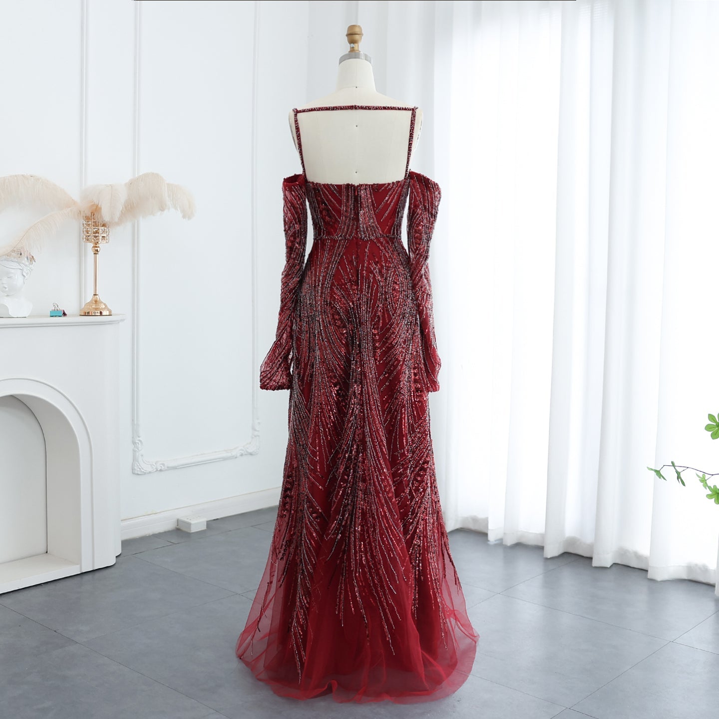 Elegant Beaded Navy Blue Evening Dress with Long Sleeves SS396