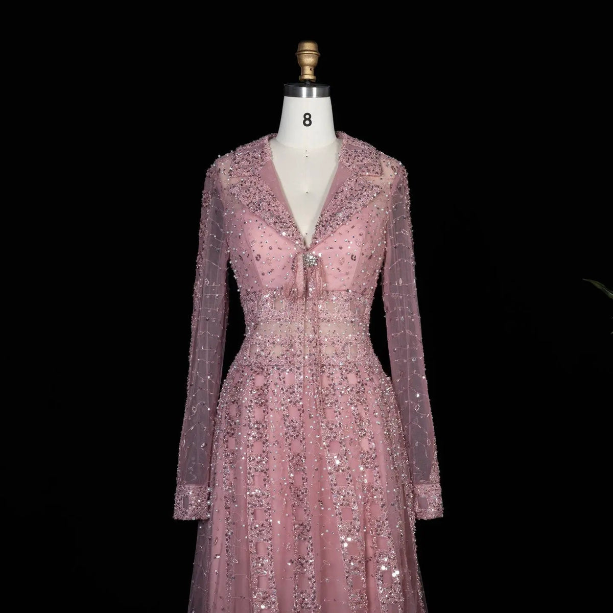 Luxury Blue Notched Collar Long Sleeve Beaded Evening Dress SS419