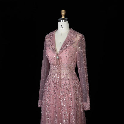 Luxury Blue Notched Collar Long Sleeve Beaded Evening Dress SS419