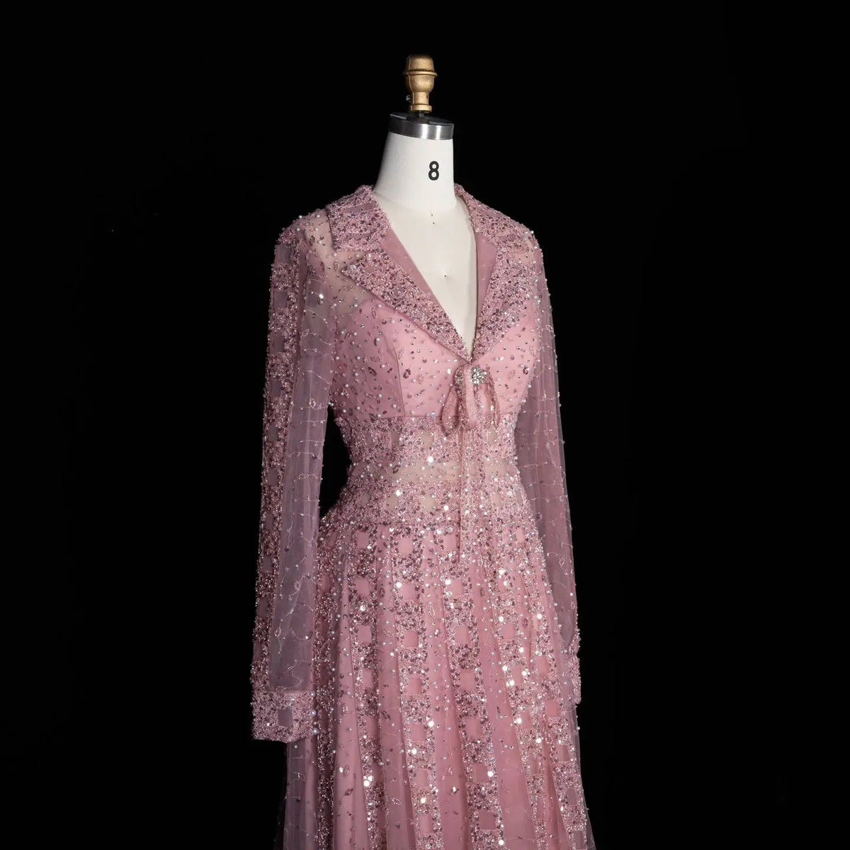 Luxury Blue Notched Collar Long Sleeve Beaded Evening Dress SS419