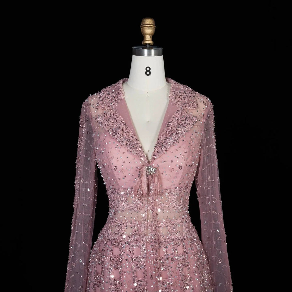 Luxury Blue Notched Collar Long Sleeve Beaded Evening Dress SS419