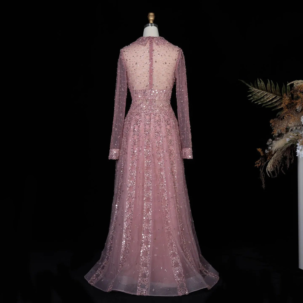 Luxury Blue Notched Collar Long Sleeve Beaded Evening Dress SS419