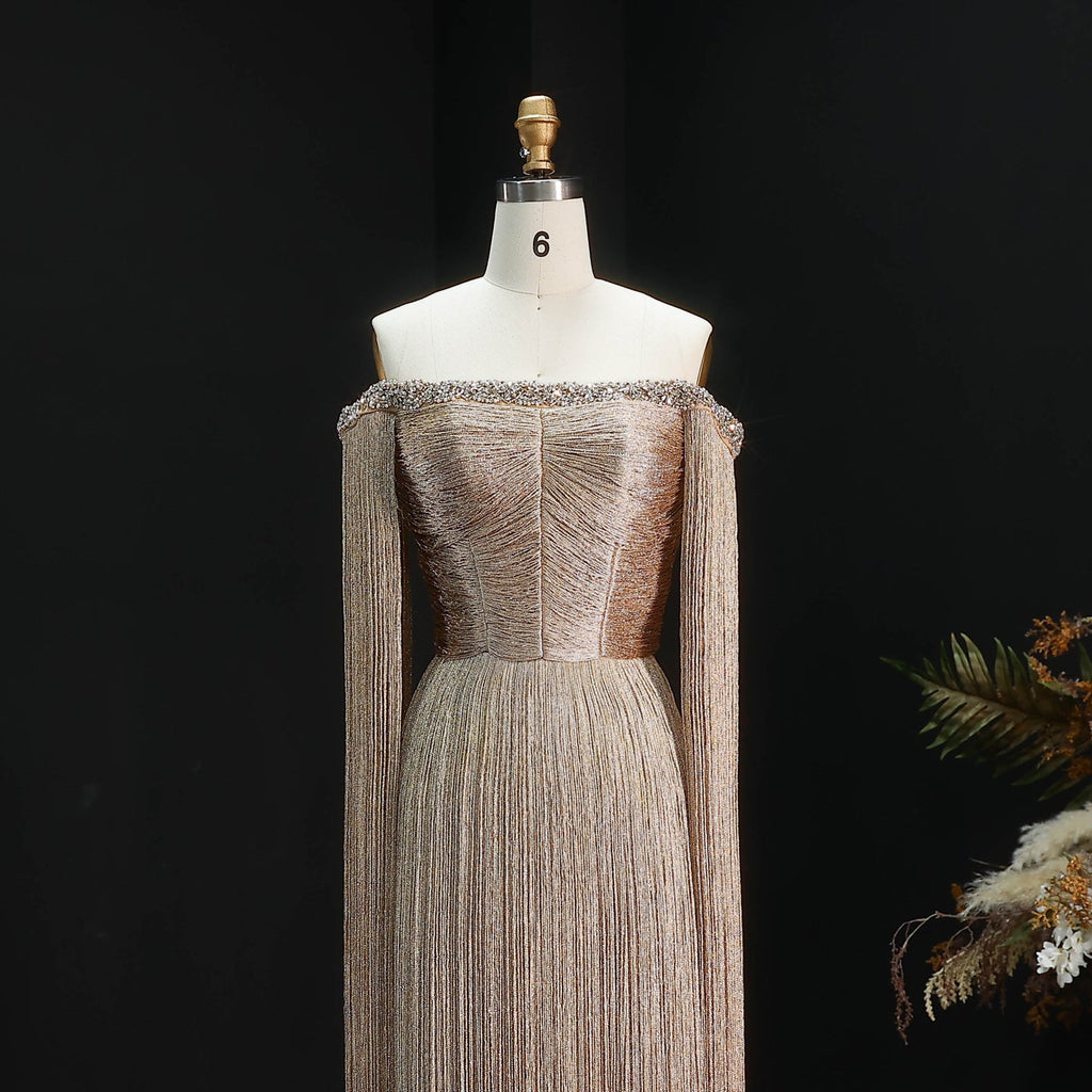 Elegant Gold Sparkling Beaded Fringe Trim Evening Dress SS232