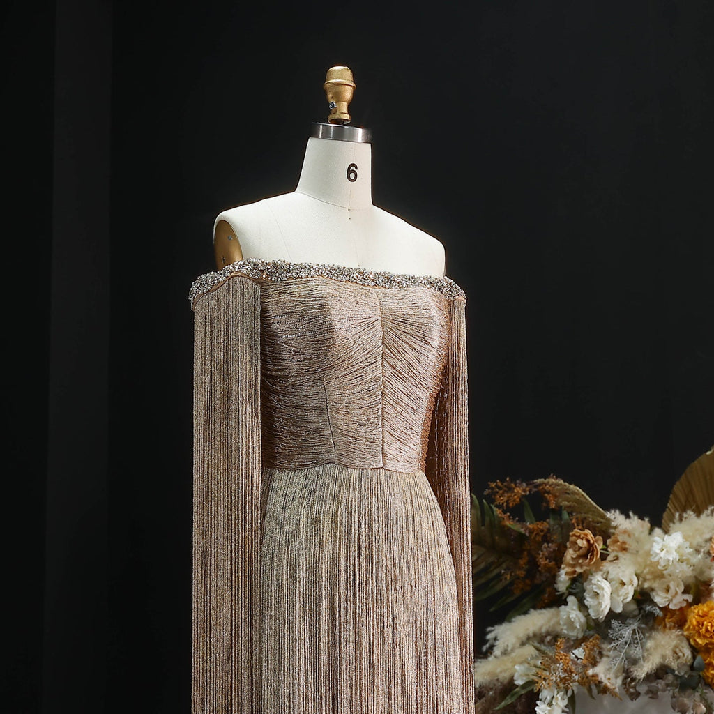 Elegant Gold Sparkling Beaded Fringe Trim Evening Dress SS232