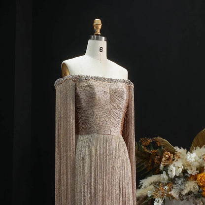 Sophisticated Gold Beaded Off-the-Shoulder Fringe Trim Evening Dress SS232