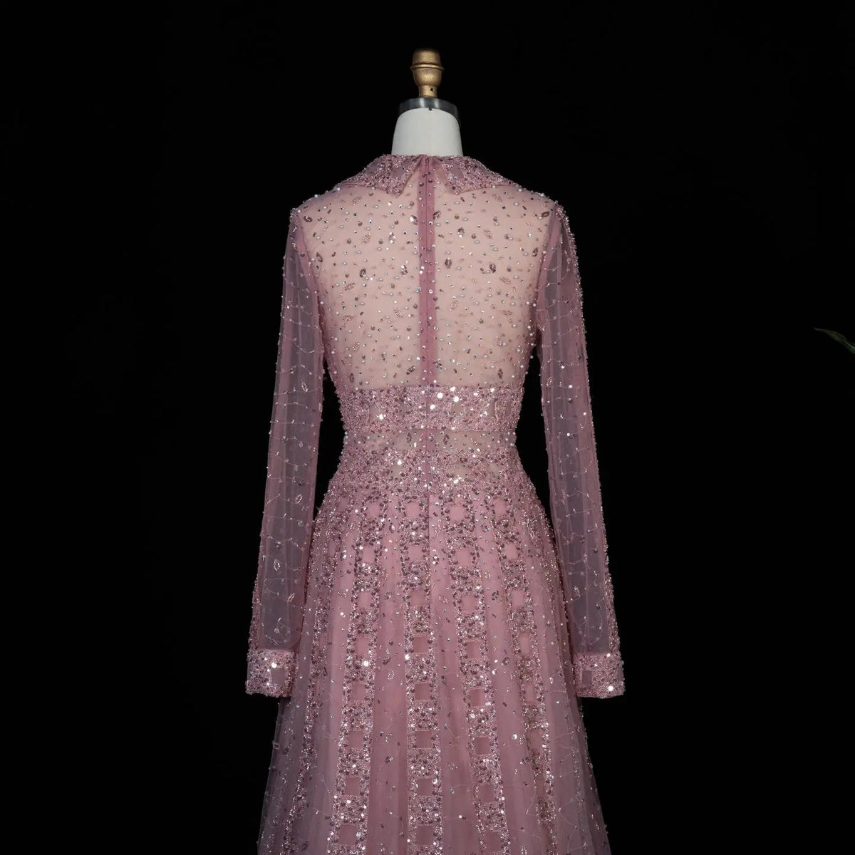 Luxury Blue Notched Collar Long Sleeve Beaded Evening Dress SS419