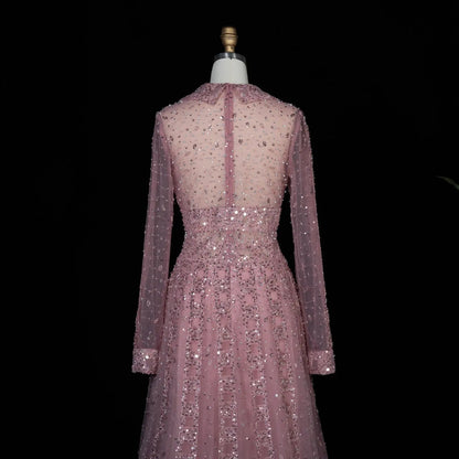 Luxury Blue Notched Collar Long Sleeve Beaded Evening Dress SS419