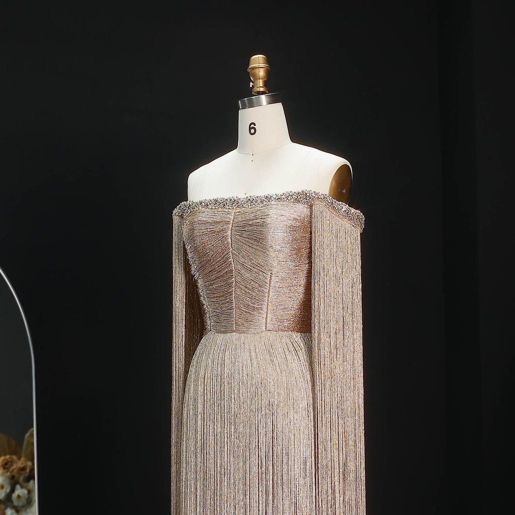 Elegant Gold Sparkling Beaded Fringe Trim Evening Dress SS232