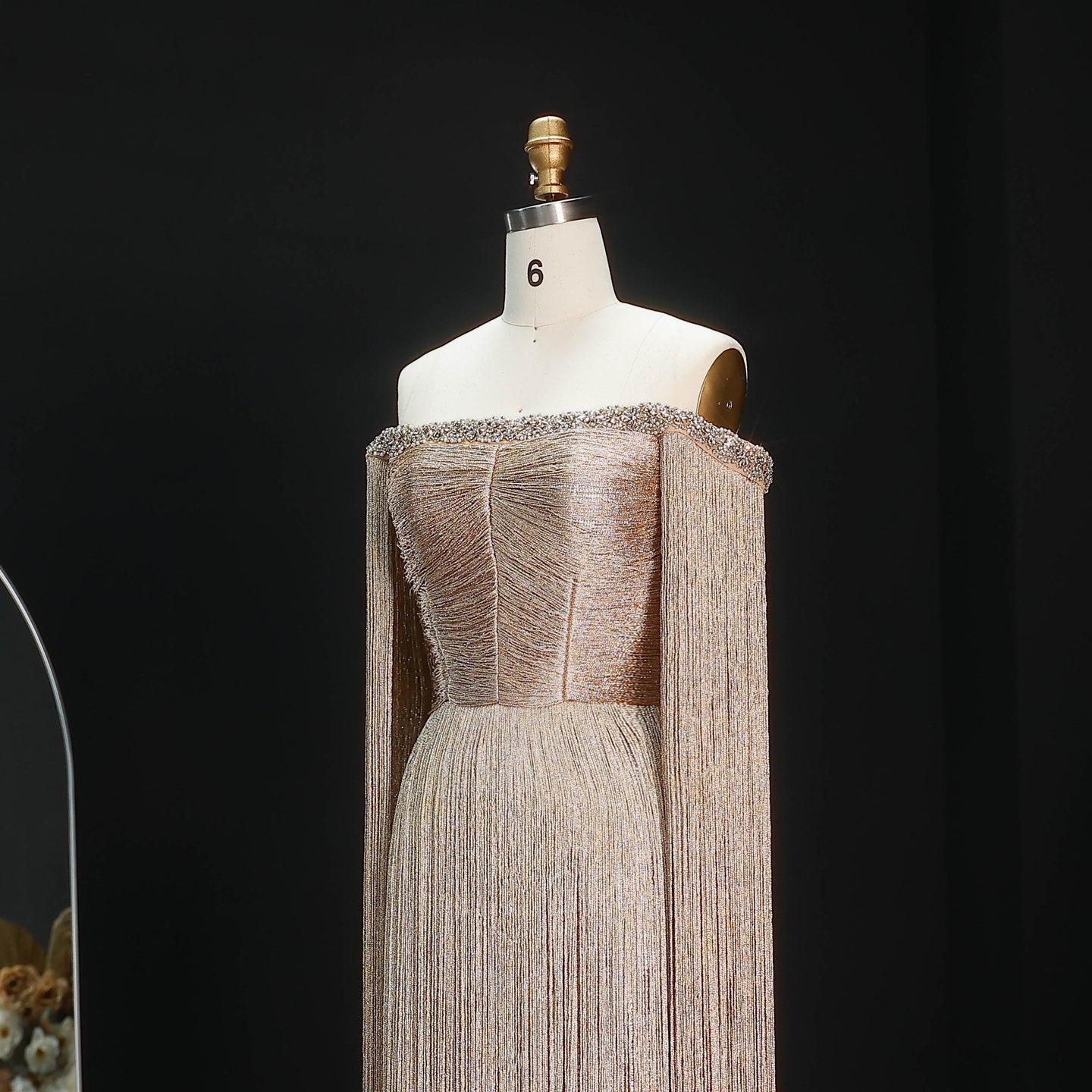 Elegant Gold Sparkling Beaded Fringe Trim Evening Dress SS232