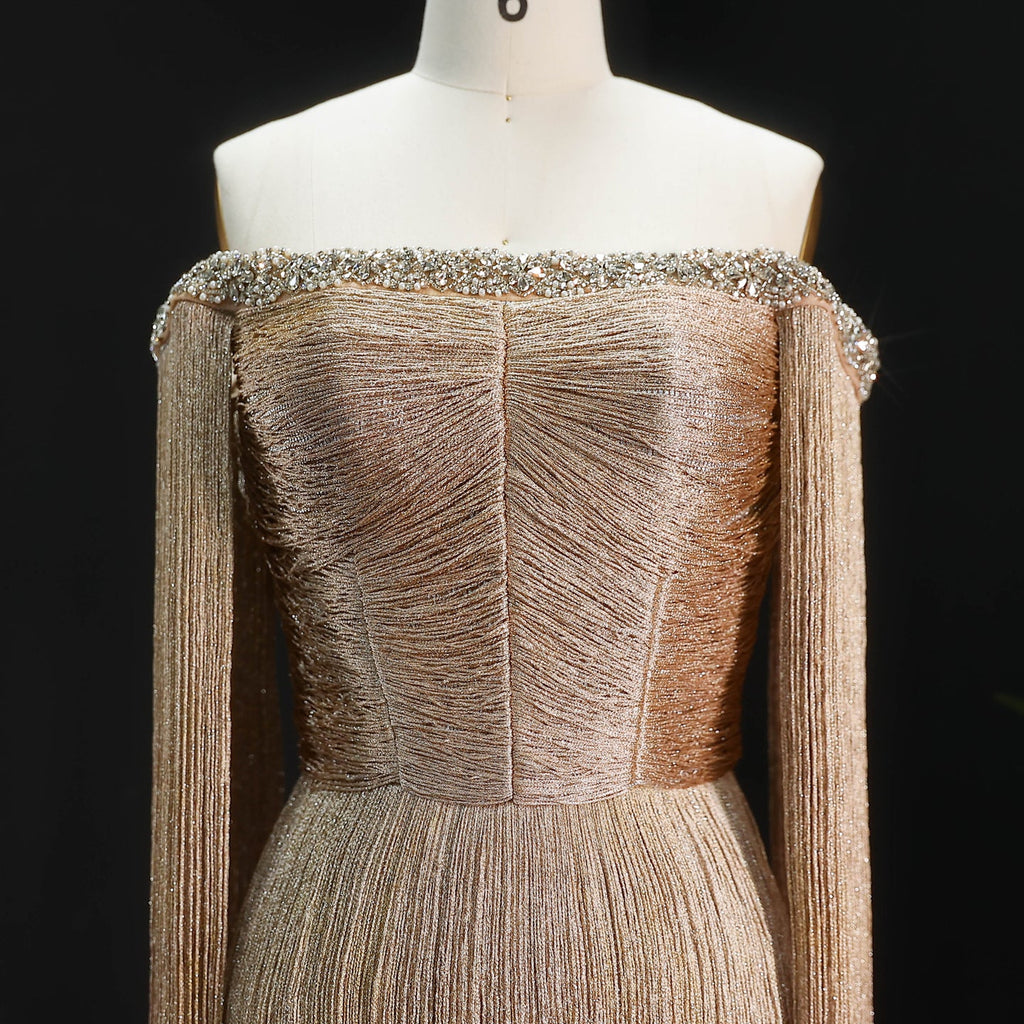 Elegant Gold Sparkling Beaded Fringe Trim Evening Dress SS232