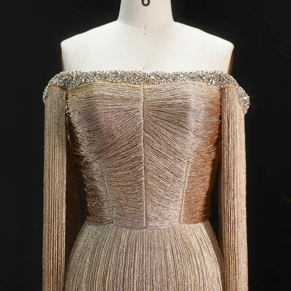 Sophisticated Gold Beaded Off-the-Shoulder Fringe Trim Evening Dress SS232