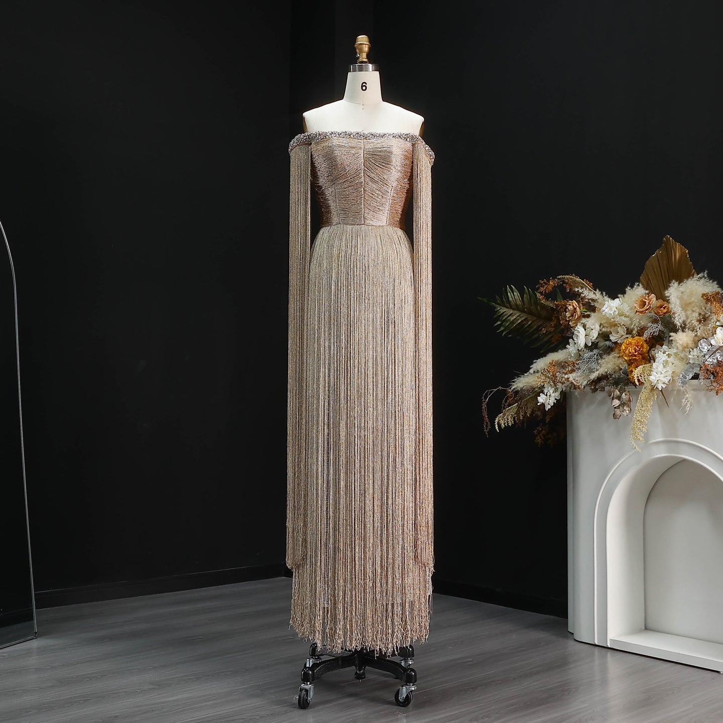 Elegant Gold Sparkling Beaded Fringe Trim Evening Dress SS232