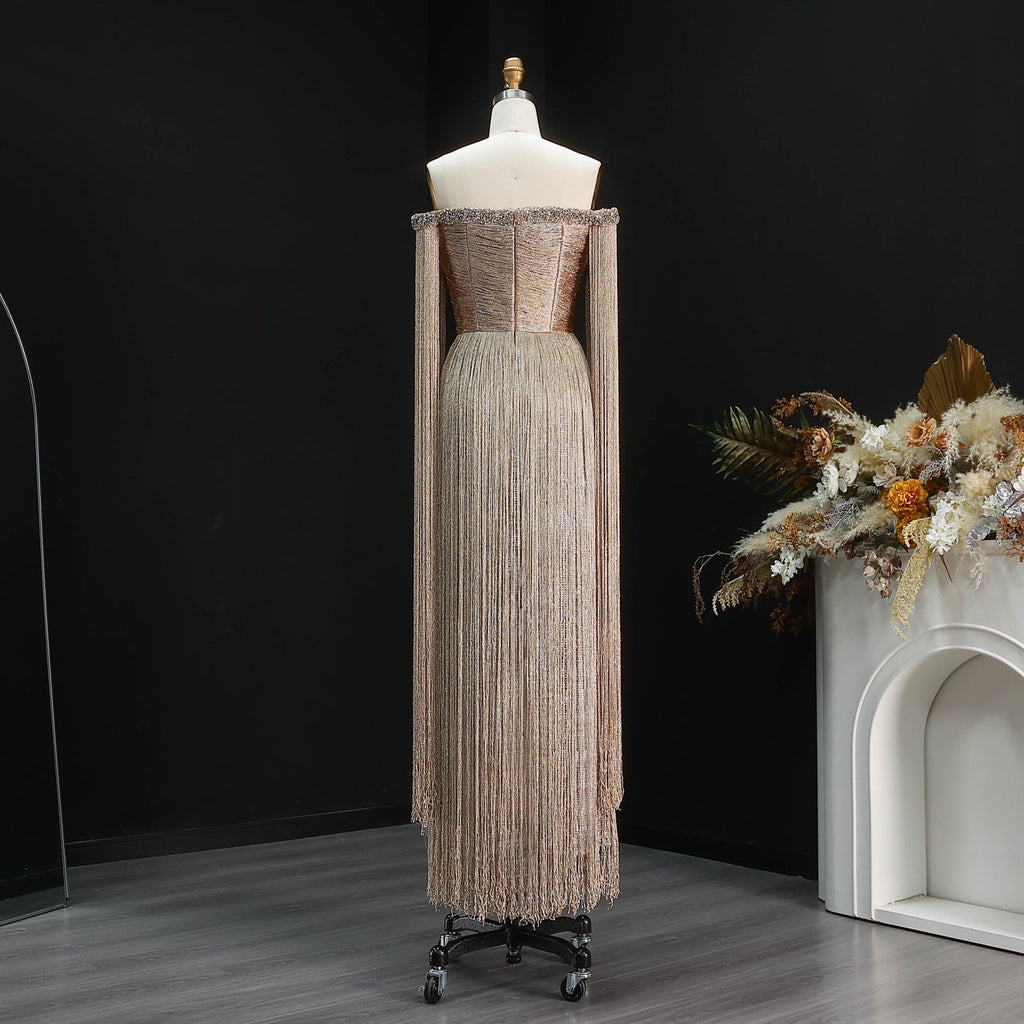 Elegant Gold Sparkling Beaded Fringe Trim Evening Dress SS232