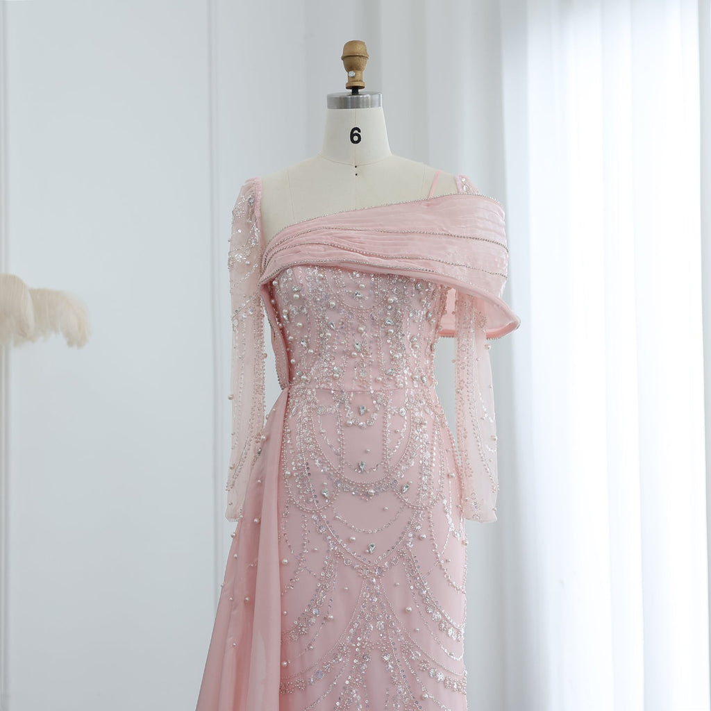 Luxury Nude Crystal Mermaid Long Sleeves Evening Dress with Overskirt SS256