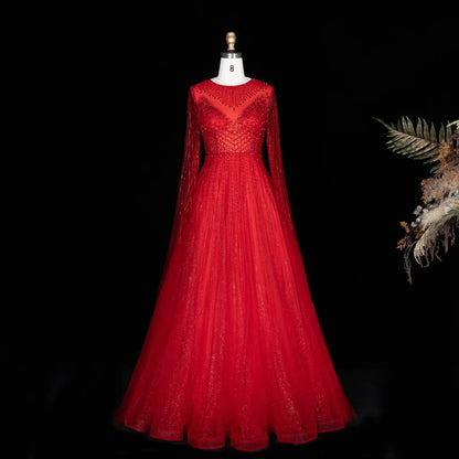 Glamorous Pink Illusion Neck Beaded Chiffon Evening Dress with Cape Sleeves SS054
