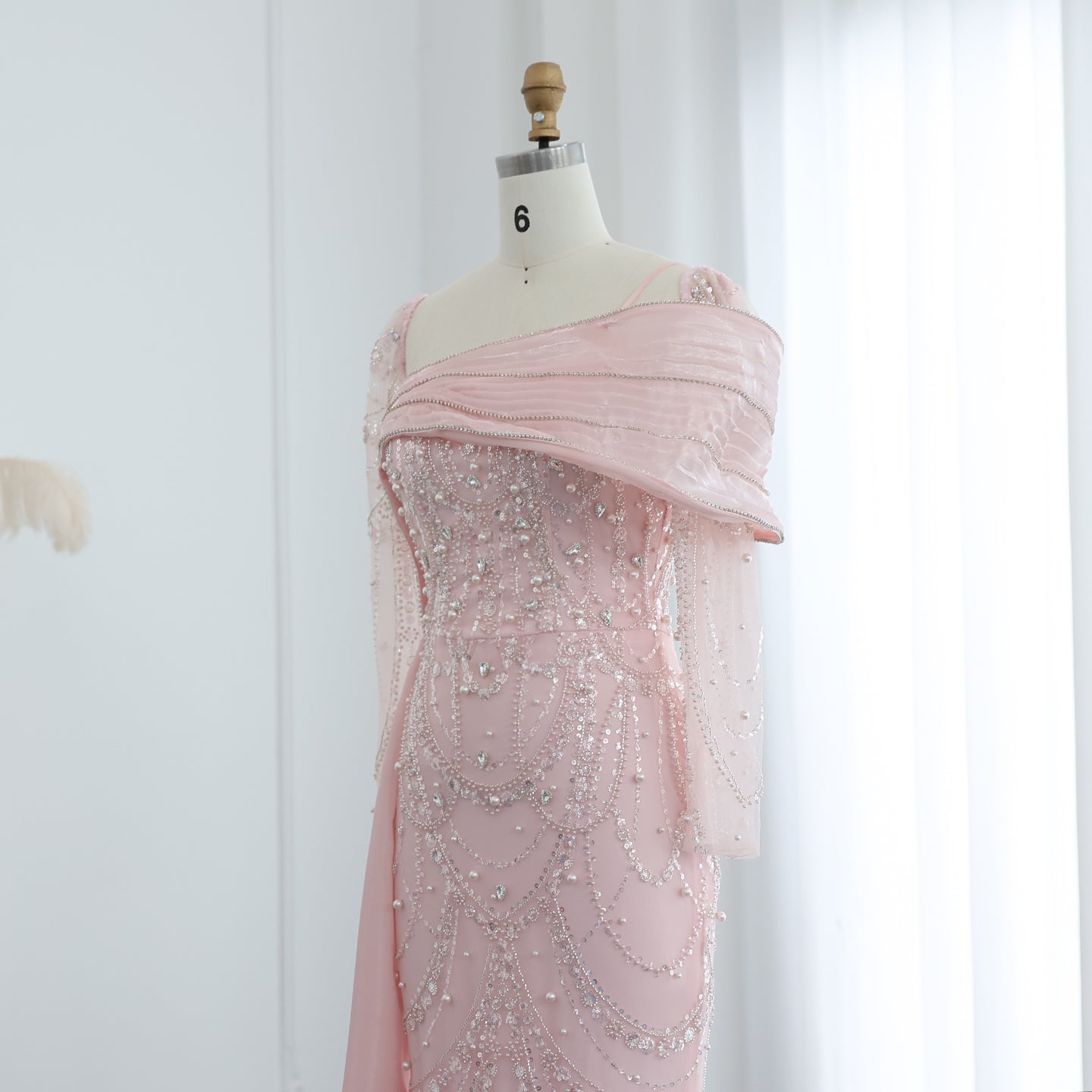 Luxury Nude Crystal Mermaid Long Sleeves Evening Dress with Overskirt SS256