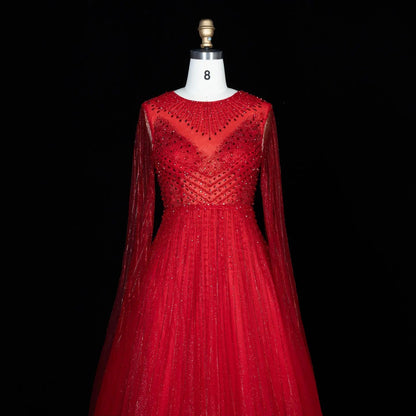 Glamorous Pink Illusion Neck Beaded Chiffon Evening Dress with Cape Sleeves SS054