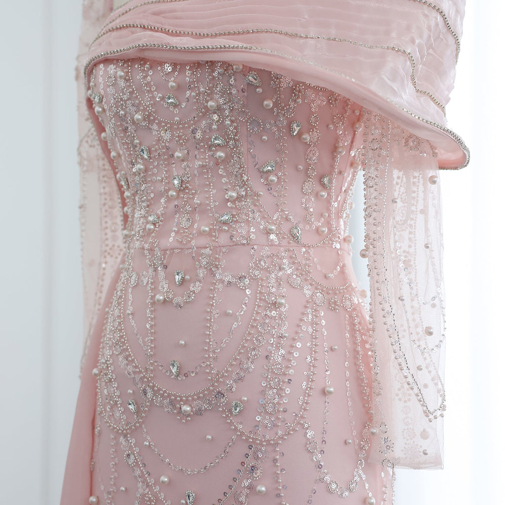 Luxury Nude Crystal Mermaid Long Sleeves Evening Dress with Overskirt SS256