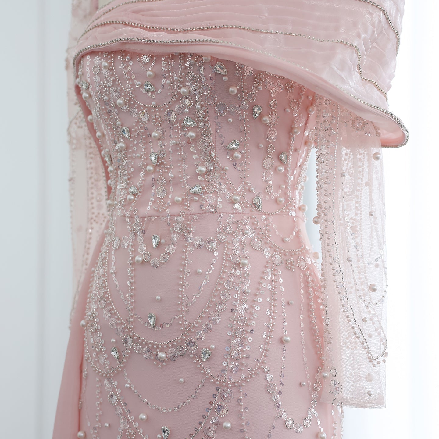 Luxury Nude Crystal Mermaid Long Sleeves Evening Dress with Overskirt SS256
