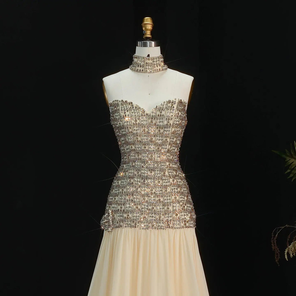 Opulent Gold Strapless Beaded Corset Evening Dress with Choker SS504