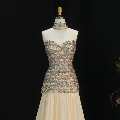 Opulent Gold Strapless Beaded Corset Evening Dress with Choker SS504