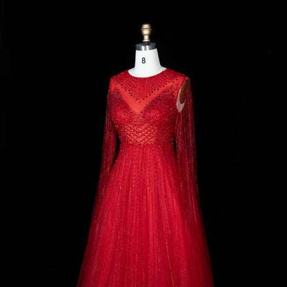 Glamorous Pink Illusion Neck Beaded Chiffon Evening Dress with Cape Sleeves SS054