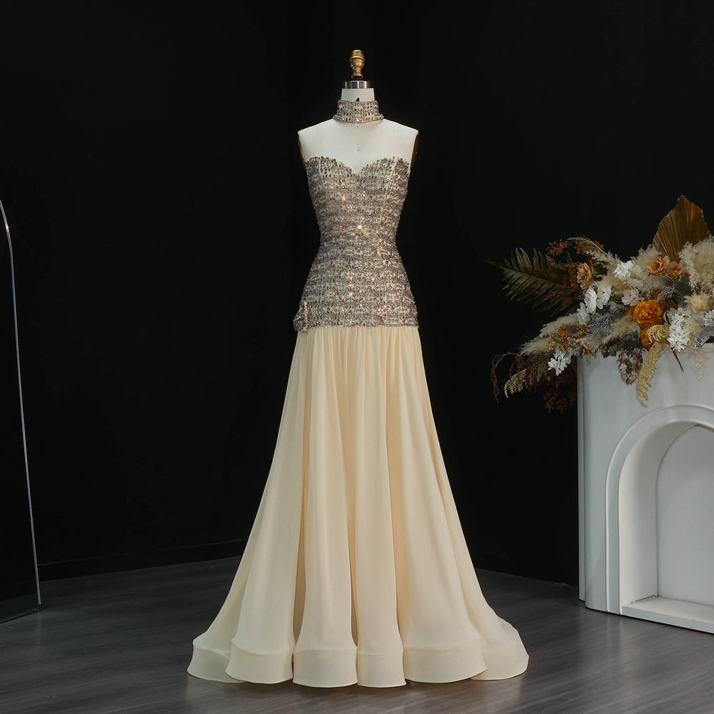 Luxury Gold Strapless Beaded Corset Evening Dress with Choker SS504