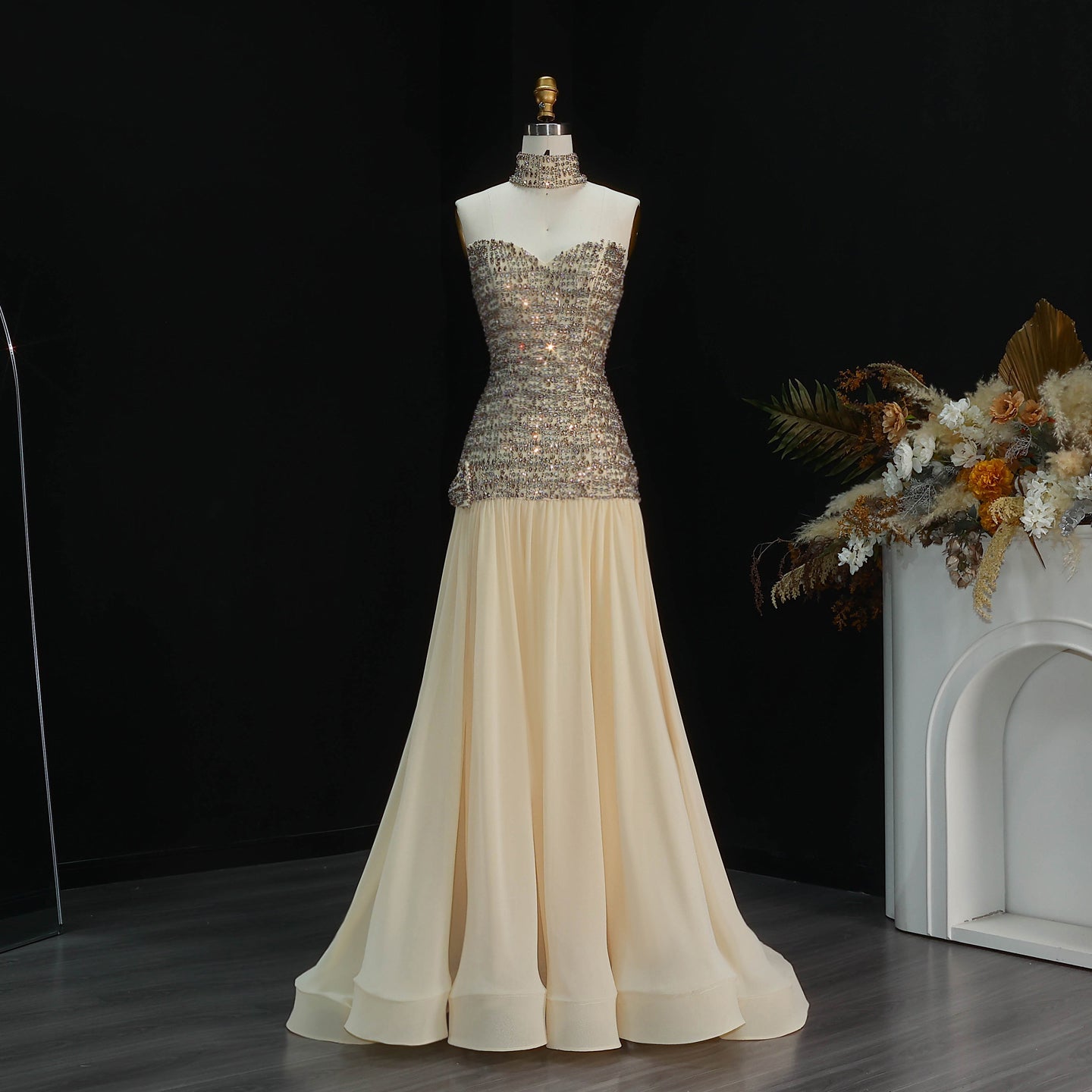 Luxury Gold Strapless Beaded Corset Evening Dress with Choker SS504