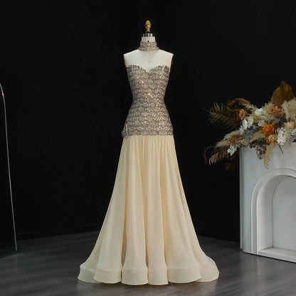 Opulent Gold Strapless Beaded Corset Evening Dress with Choker SS504