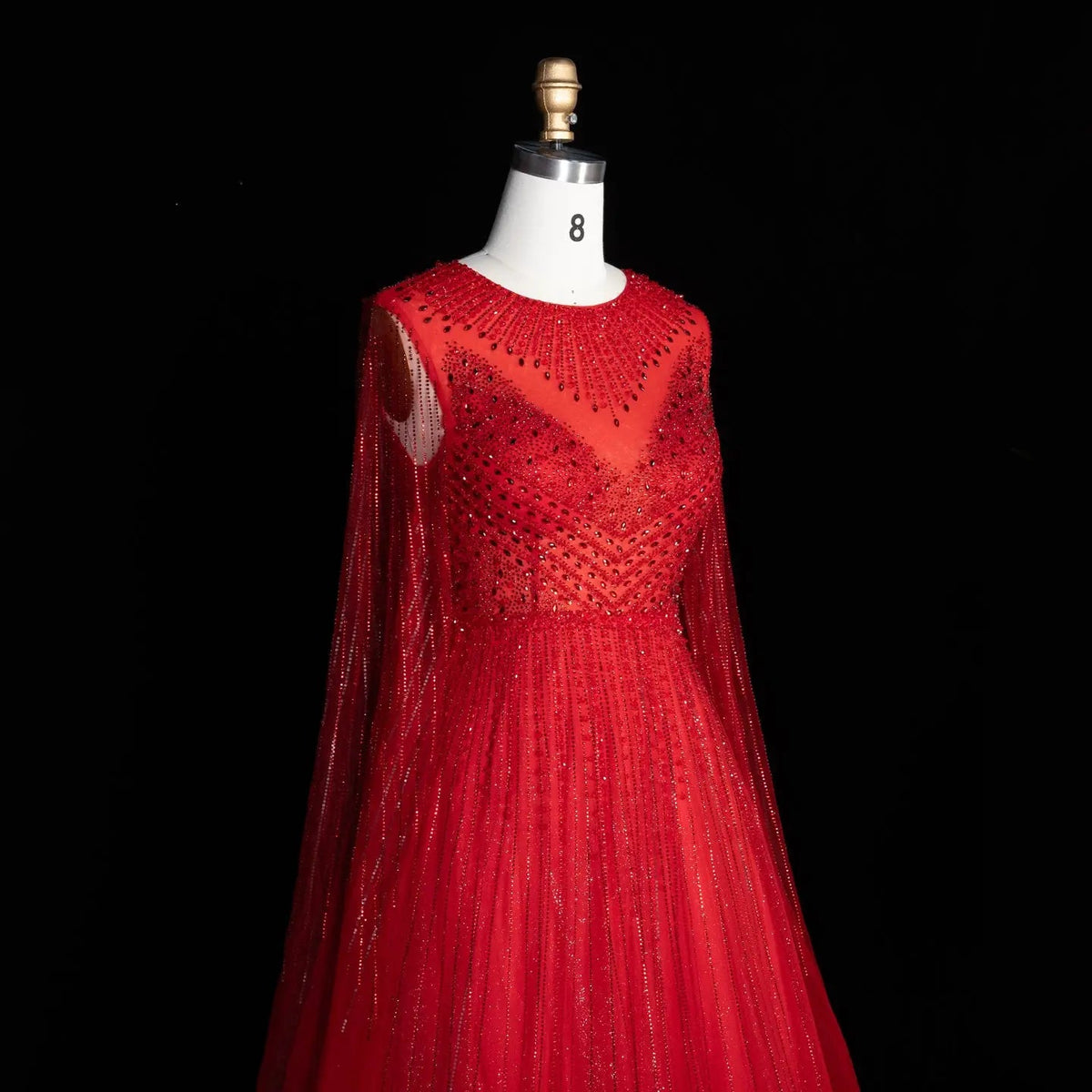 Glamorous Pink Illusion Neck Beaded Chiffon Evening Dress with Cape Sleeves SS054