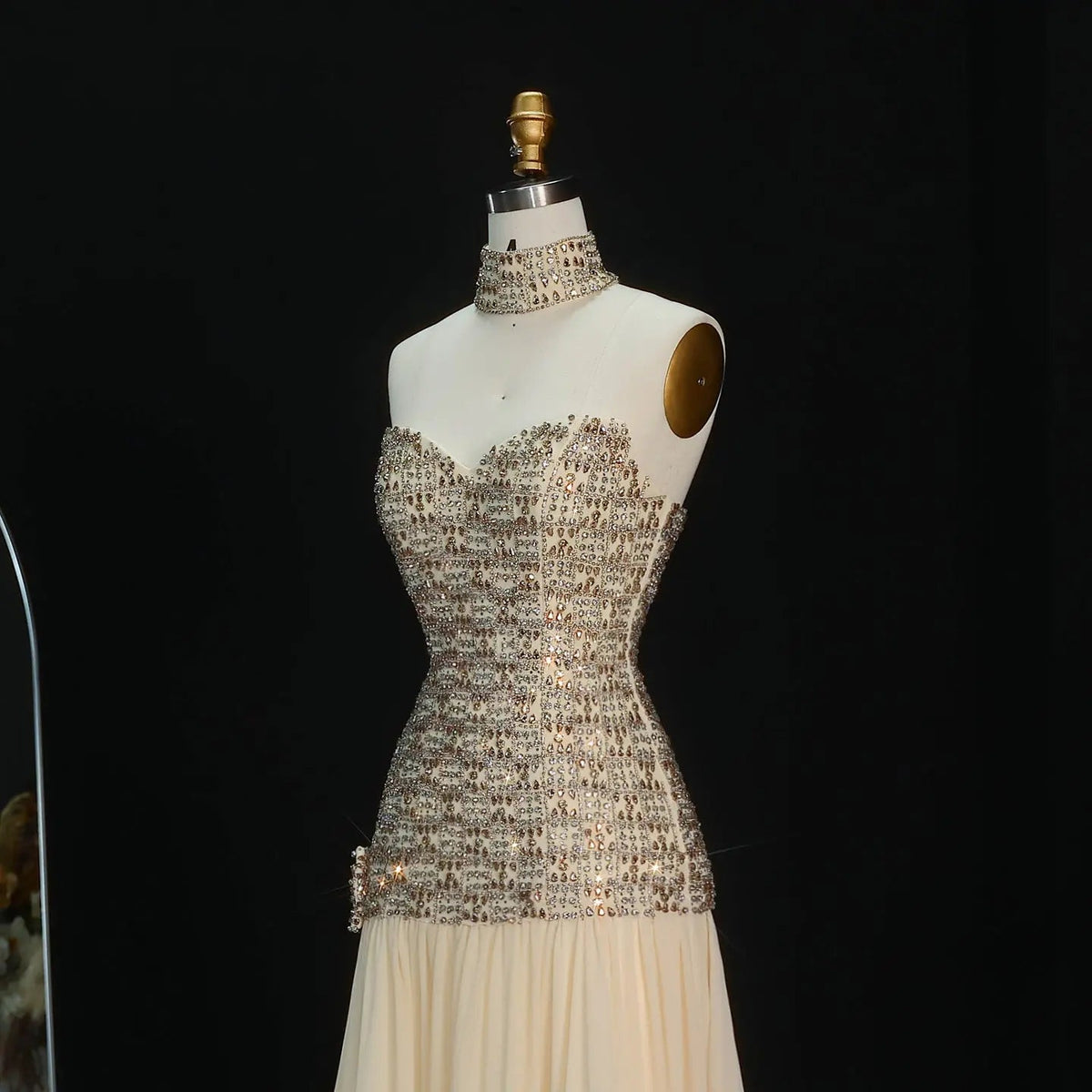 Opulent Gold Strapless Beaded Corset Evening Dress with Choker SS504