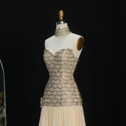Opulent Gold Strapless Beaded Corset Evening Dress with Choker SS504