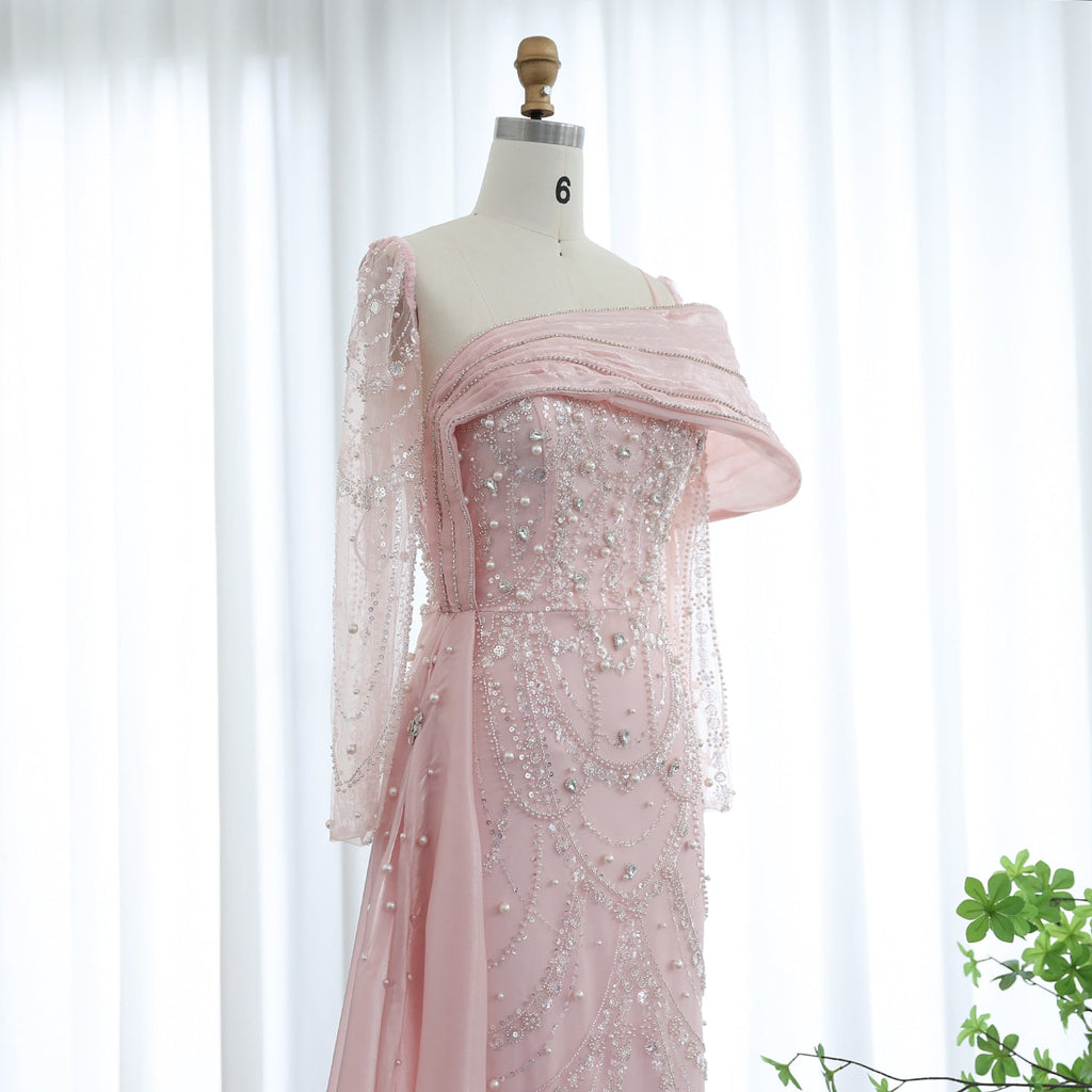 Luxury Nude Crystal Mermaid Long Sleeves Evening Dress with Overskirt SS256