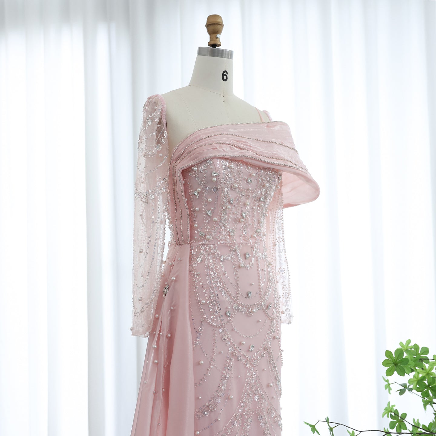 Luxury Nude Crystal Mermaid Long Sleeves Evening Dress with Overskirt SS256