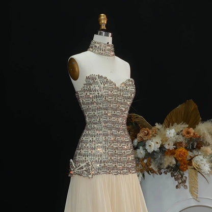 Opulent Gold Strapless Beaded Corset Evening Dress with Choker SS504