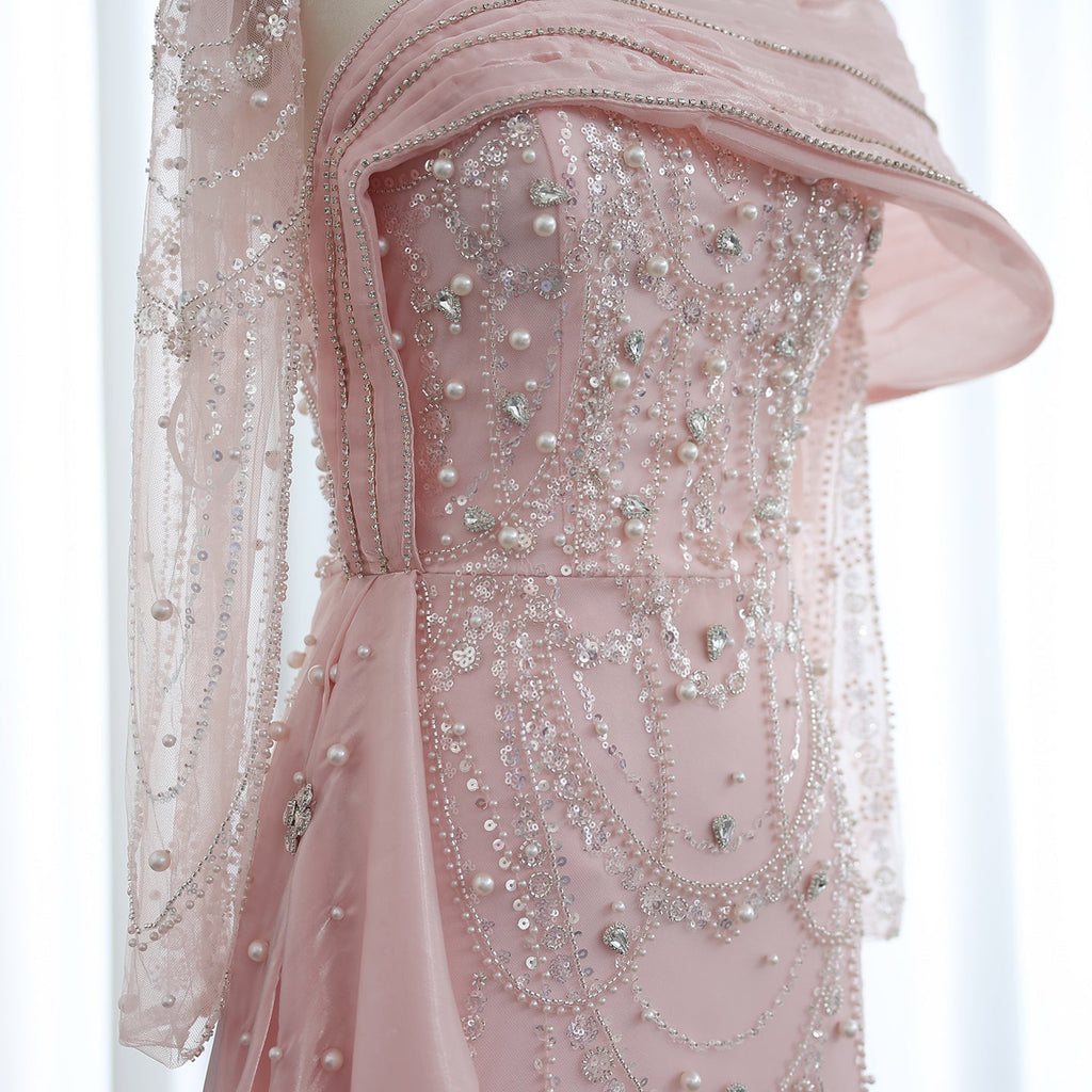 Luxury Nude Crystal Mermaid Long Sleeves Evening Dress with Overskirt SS256