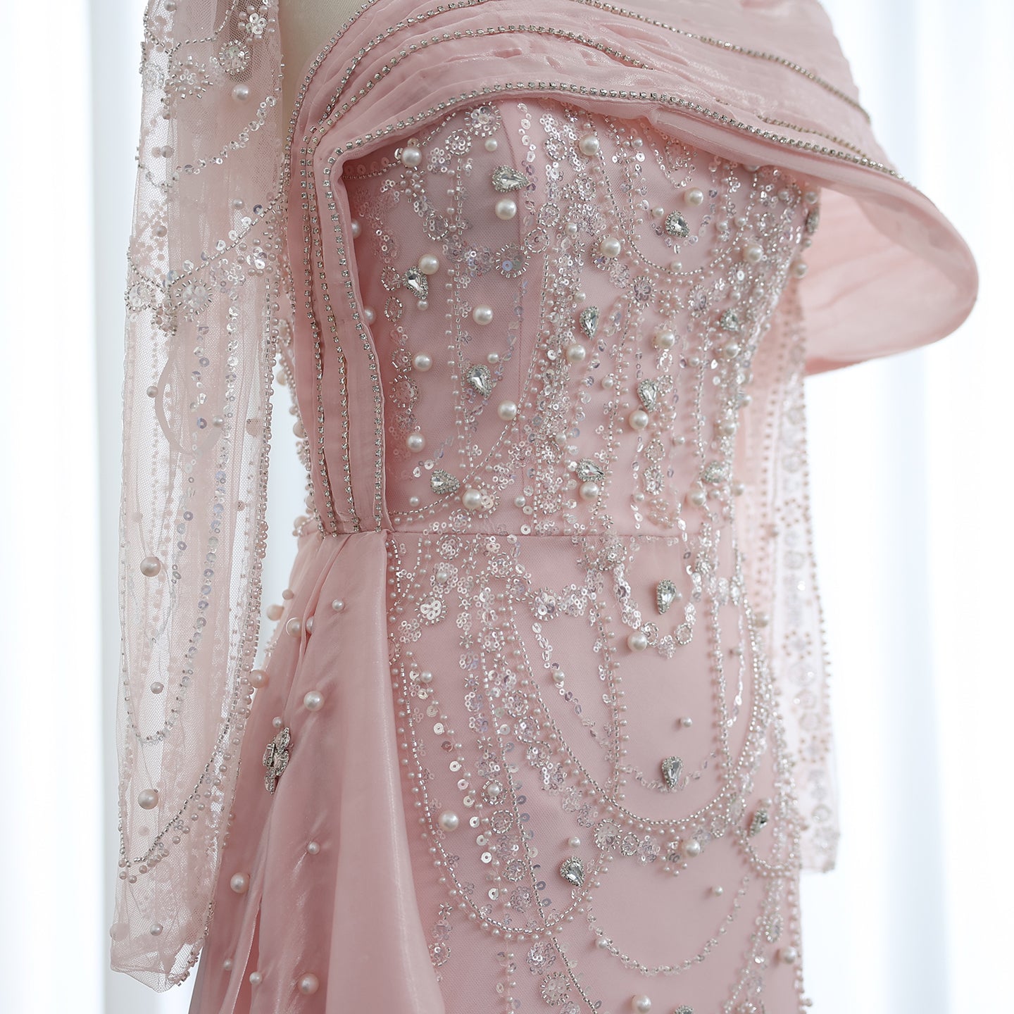Luxury Nude Crystal Mermaid Long Sleeves Evening Dress with Overskirt SS256
