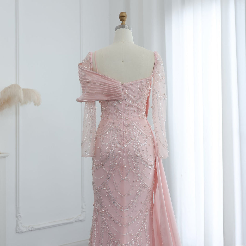 Luxury Nude Crystal Mermaid Long Sleeves Evening Dress with Overskirt SS256
