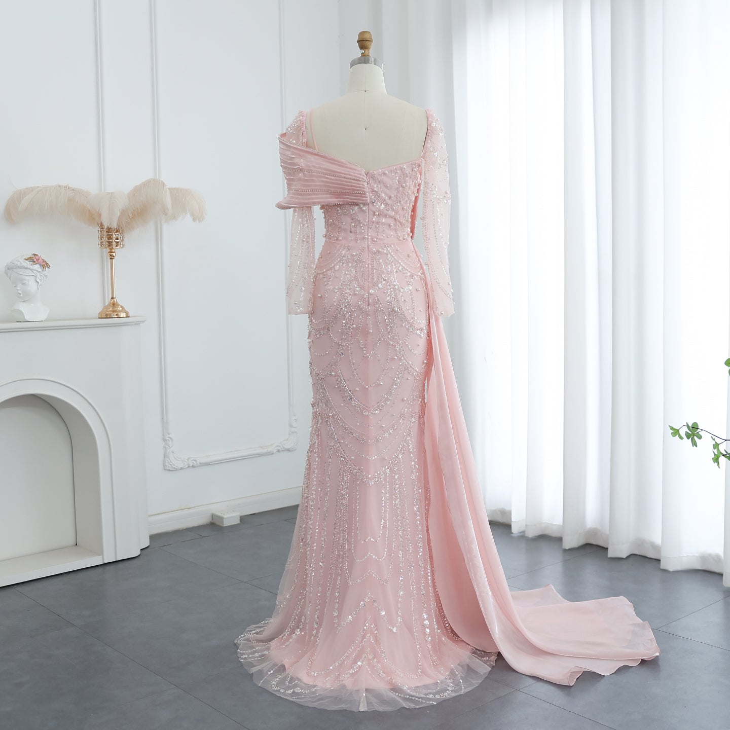 Luxury Nude Crystal Mermaid Long Sleeves Evening Dress with Overskirt SS256