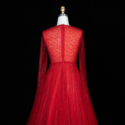 Glamorous Pink Illusion Neck Beaded Chiffon Evening Dress with Cape Sleeves SS054