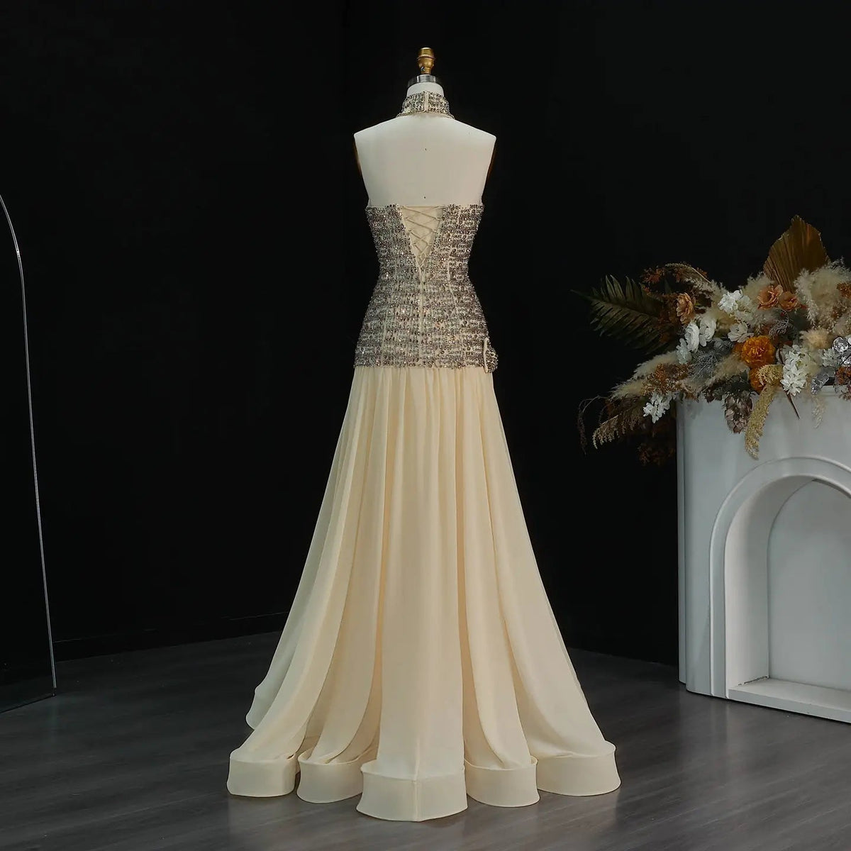 Opulent Gold Strapless Beaded Corset Evening Dress with Choker SS504