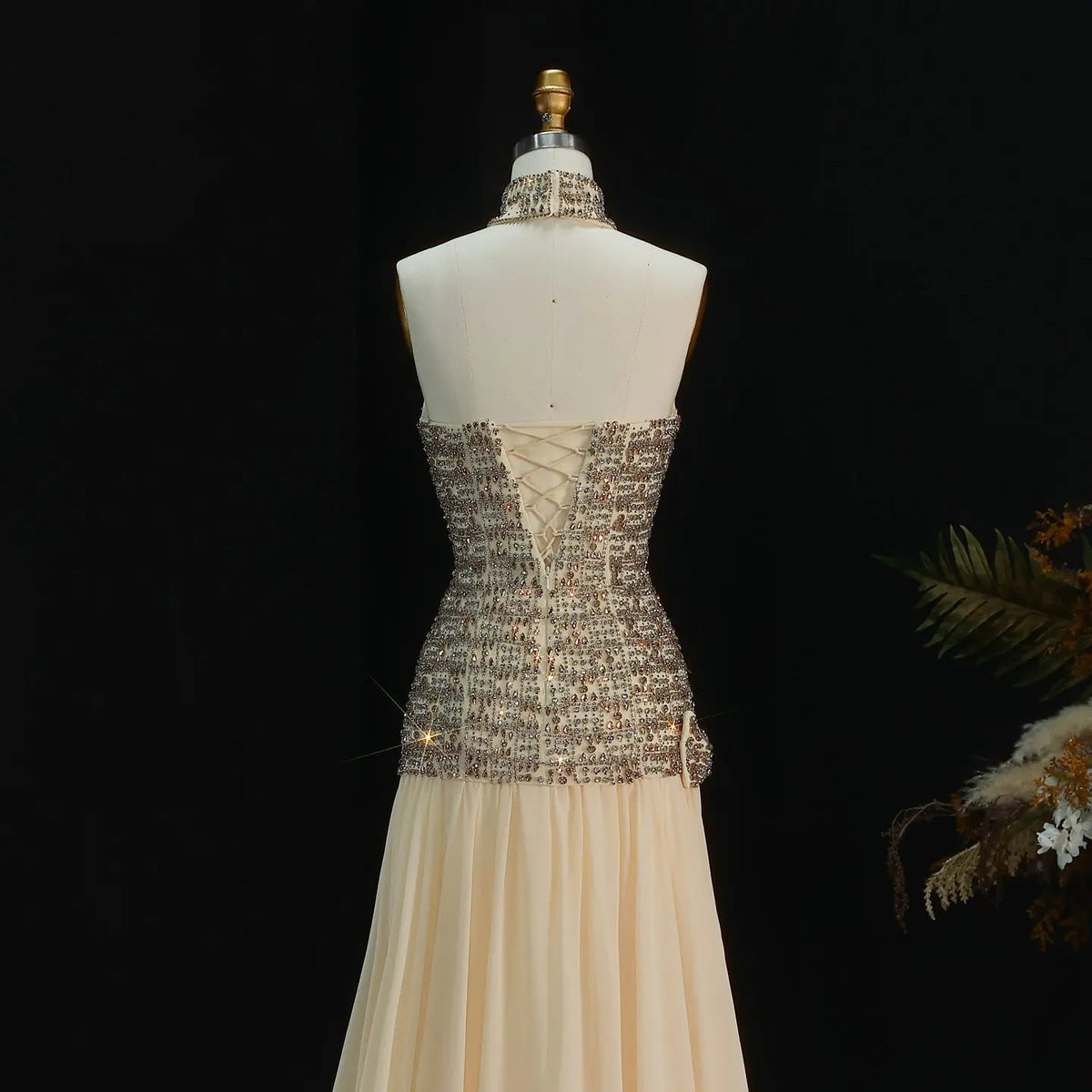 Opulent Gold Strapless Beaded Corset Evening Dress with Choker SS504