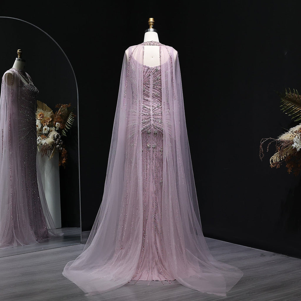 Luxury Champagne Beaded Mermaid Evening Dress with Cape Sleeves SS149