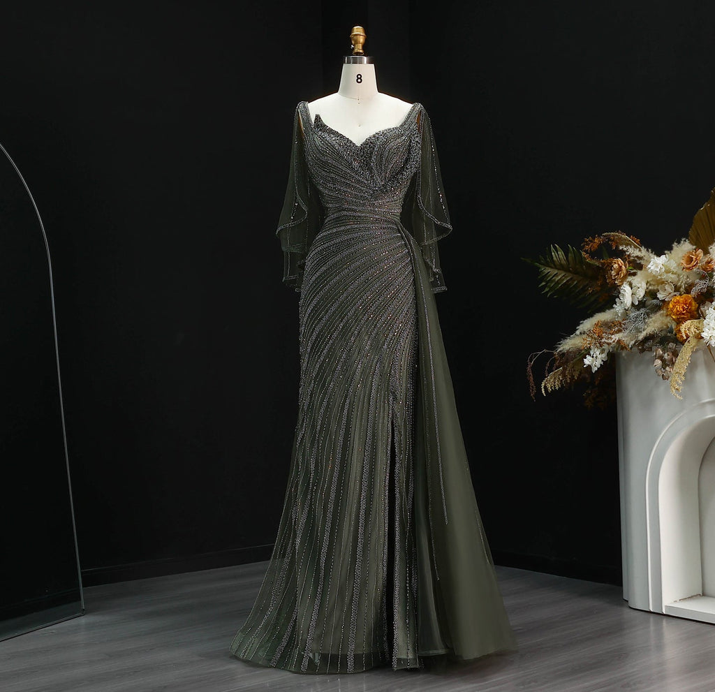 Luxury Champagne V-Neck Beaded Evening Dress with Cape Sleeves SS063