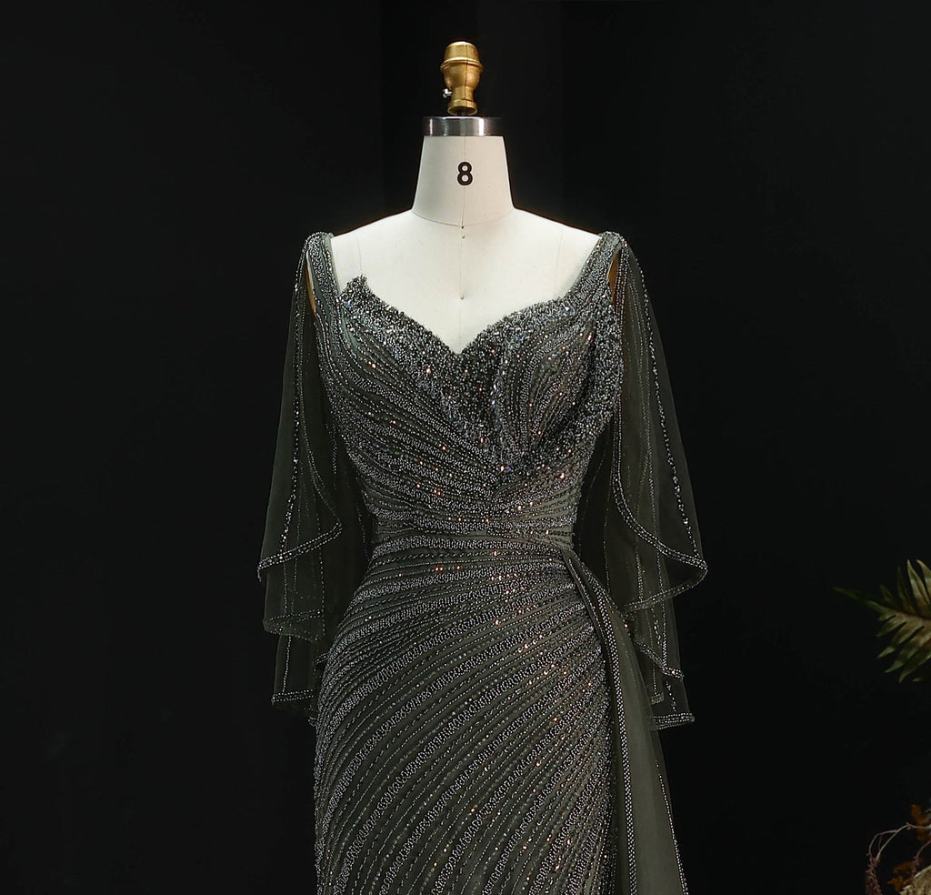 Luxury Champagne V-Neck Beaded Evening Dress with Cape Sleeves SS063