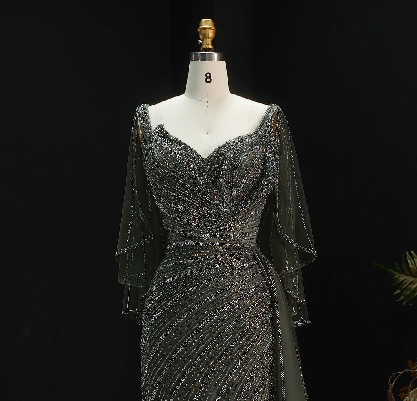 Luxury Champagne V-Neck Beaded Evening Dress with Cape Sleeves SS063